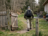 Personne de dos sur sentier boisé avec sac à dos