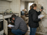 Homme inspecte les tuyaux pendant qu'une femme prend des notes