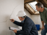 Inspecteur en casque examinant une fissure sur mur