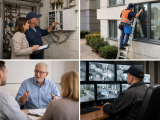Technicien relève compteur électrique lors d'inspection Technicien en gilet orange monte des escaliers avec outils Conseiller explique des documents à une cliente Agent surveille plusieurs écrans de vidéosurveillance