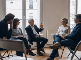 Groupe de discussion assis en cercle, homme parlant