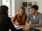 Couple écoutant une conseillère assise au bureau