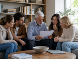 Homme âgé lisant des documents entouré de famille